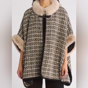 Vince Camuto Tweed Cape Poncho Tweed Faux Fur Collar Cuffs One Size NWT $128